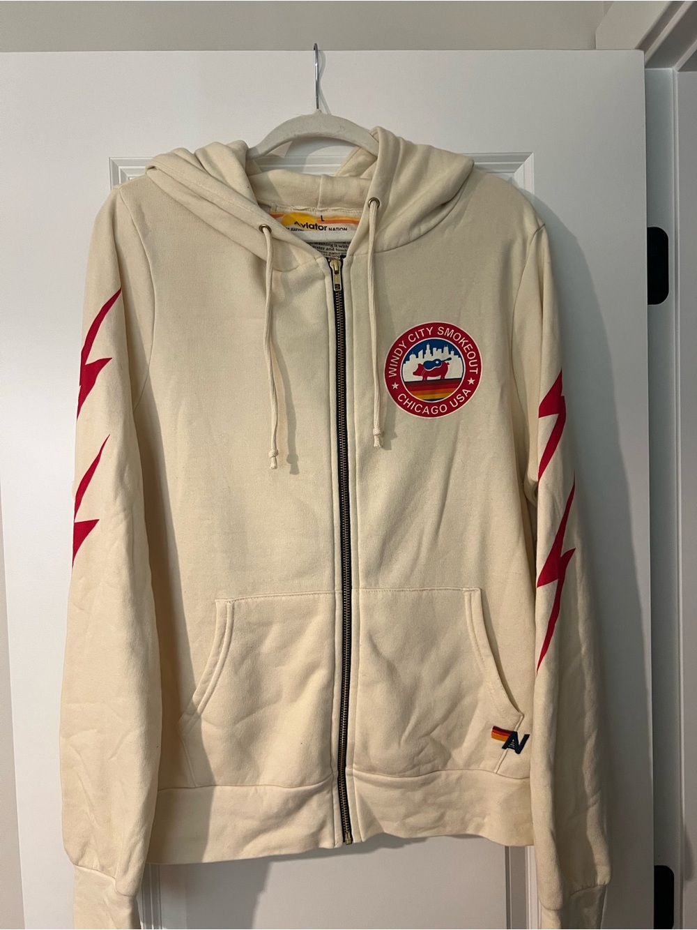 Aviator Nation Cream Zip Hoodie with Red Lightning Accents